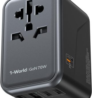 MOMAX Universal Travel Adapter, GaN 70W International Power Adapter, 3 USB-C PD Fast Charging & 2 USB-A QC, 1 AC, All-in-one International Plug Adapter for Travel European UK AUS JP